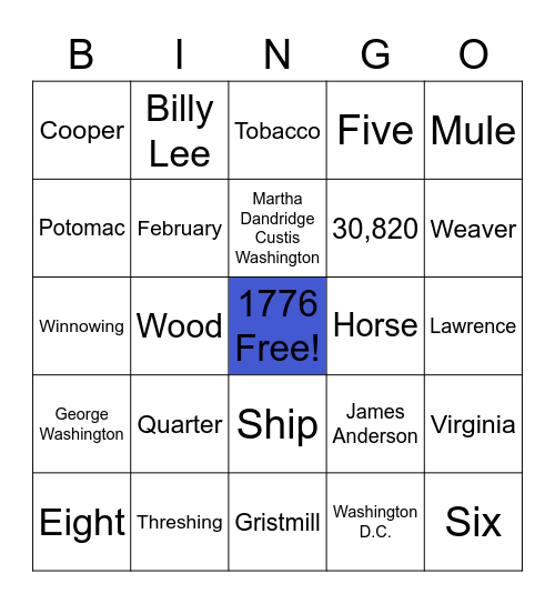George Washington Bingo Card