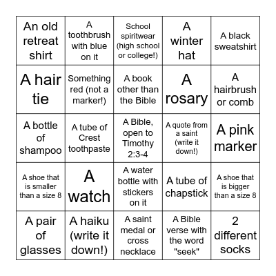 SEARCH Retreat Bingo Scavenger Hunt Bingo Card