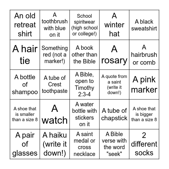 SEARCH Retreat Bingo Scavenger Hunt Bingo Card