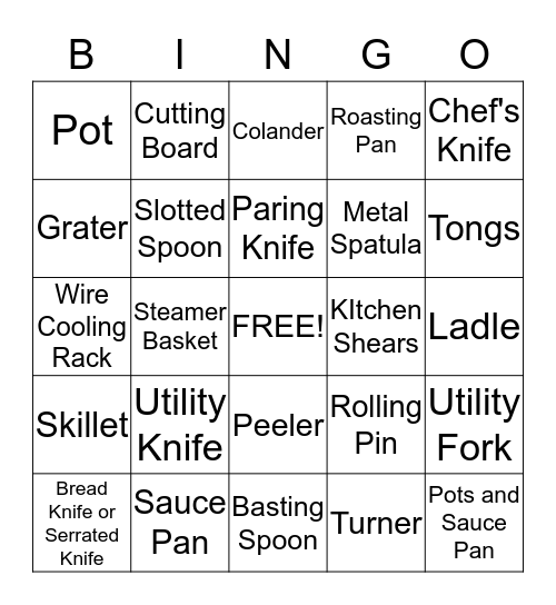 Cooking Tools Bingo Card