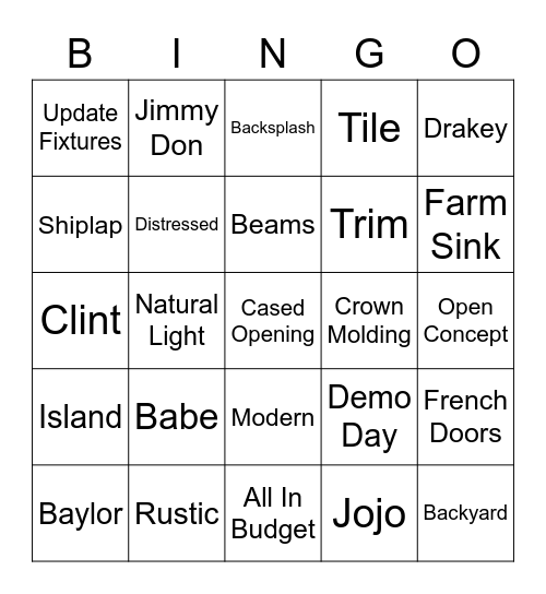 Fixer Upper Bingo Card