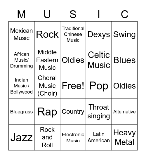 MUSIC GENRE BINGO Card