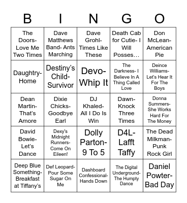 Total-Quiz.Com Presents: Radio Bingo "D"elightful Music Bingo Card