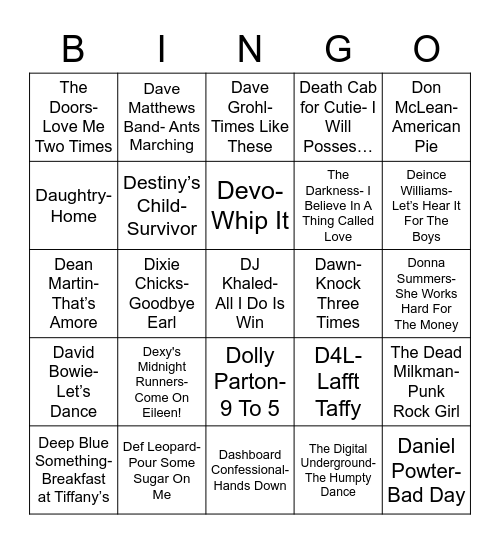 Total-Quiz.Com Presents: Radio Bingo "D"elightful Music Bingo Card