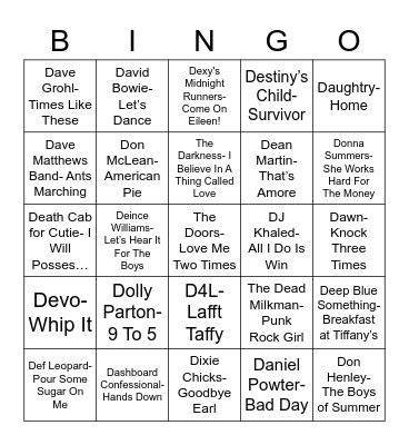 Total-Quiz.com Presents: Radio Bingo "D"elightful Music Bingo Card
