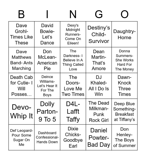 Total-Quiz.com Presents: Radio Bingo "D"elightful Music Bingo Card