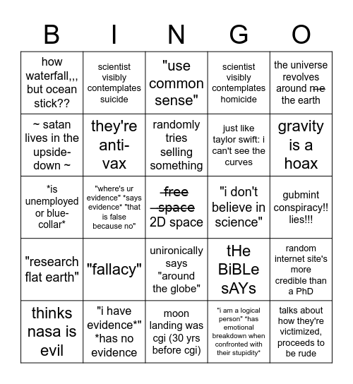 Flat Earther Bingo Card