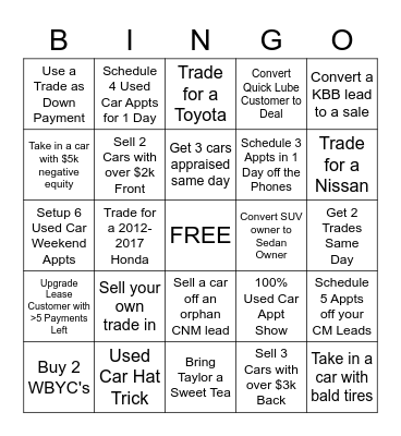$200 USED CAR BINGO Card