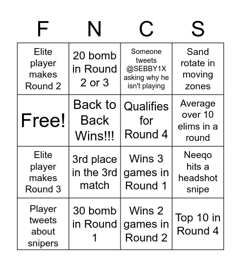 Elite Esports FNCS Week 2 Bingo Card