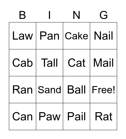 A Word Bingo Card