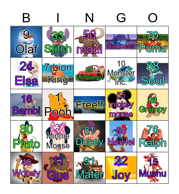 Disney Number Bingo Card