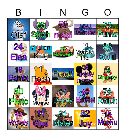 Disney Number Bingo Card