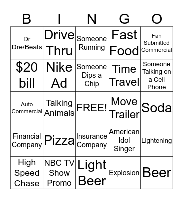 Super Bowl Halftime Bingo Card