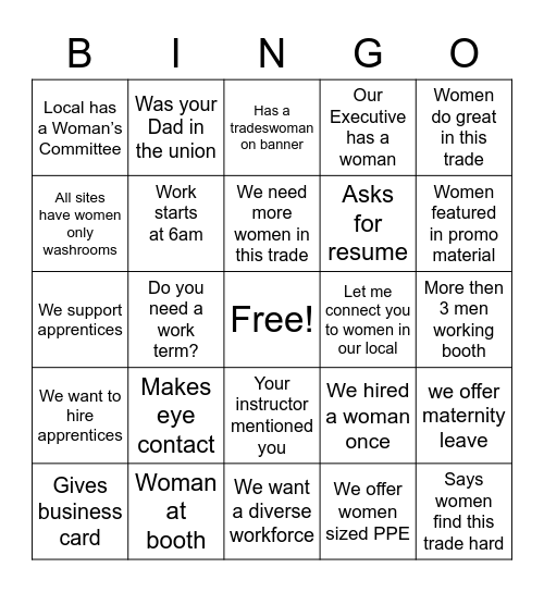 Career Fair Bingo for Trades Bingo Card