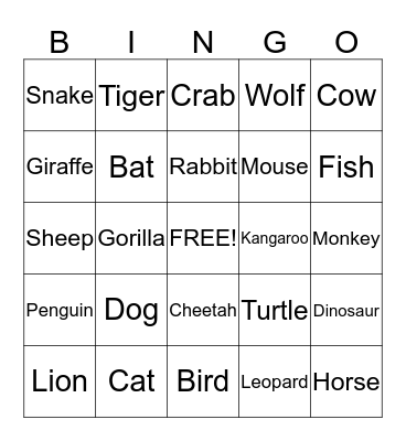 Animal Bingo Card