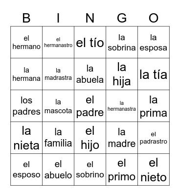 8th Grade Family Vocabulary Bingo Card