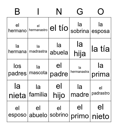8th Grade Family Vocabulary Bingo Card