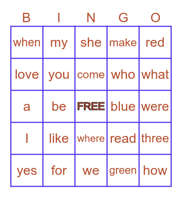 Dolch Sight Word Bingo + Color Words Bingo Card