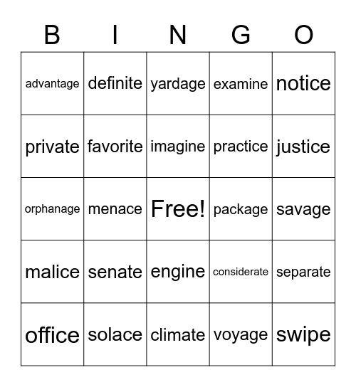 VCe words Bingo Card
