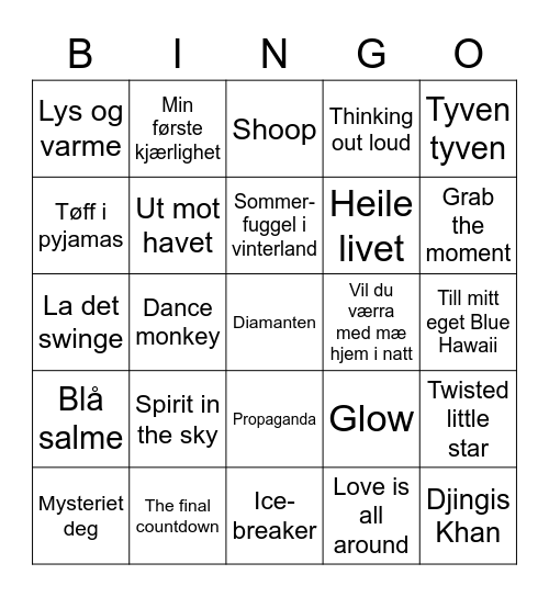 Musikkbingo 4 Bingo Card