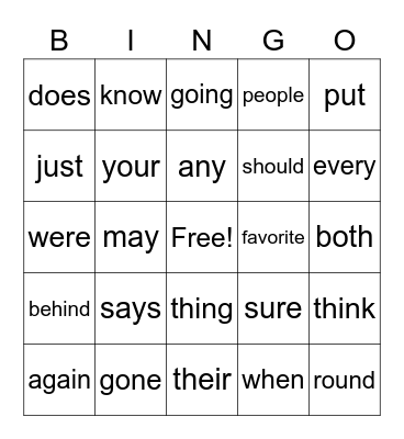 1st Grade-Sight Words Bingo Card