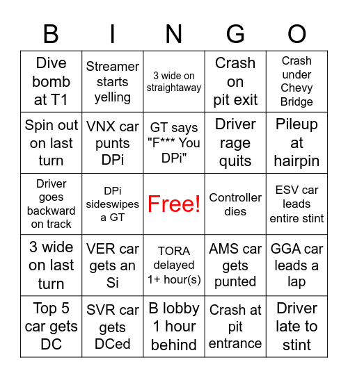 TORA Sebring 12hr Bingo Card