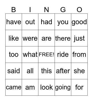 Sight Words first grade Bingo Card