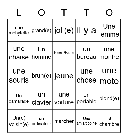 Français 1 Leçon 17 Lotto Bingo Card