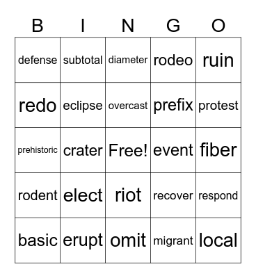 Unit 15 Open Syllable Bingo Card