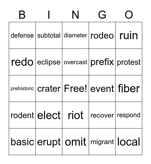 Unit 15 Open Syllable Bingo Card