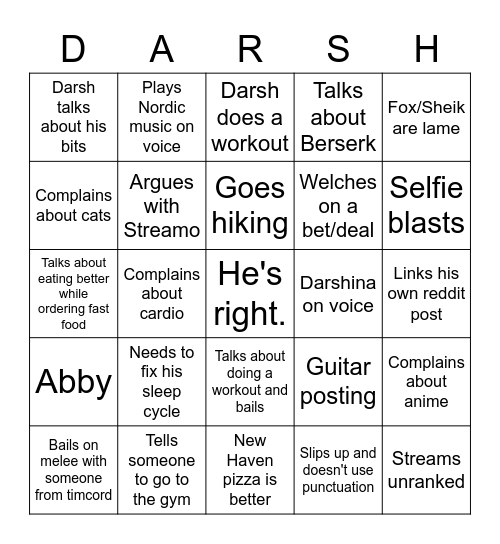 Darsh Bingo Card