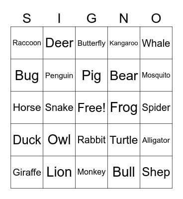 Animal Bingo Card