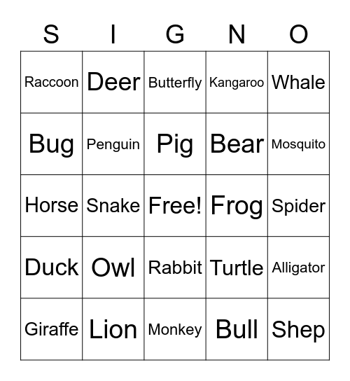 Animal Bingo Card