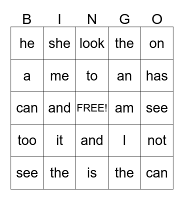 Sight Words Bingo Card