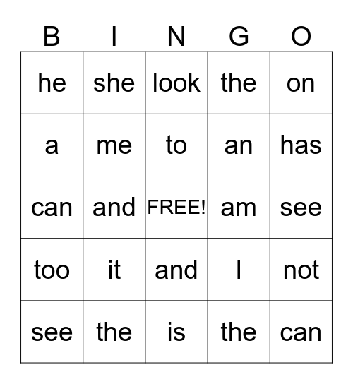 Sight Words Bingo Card