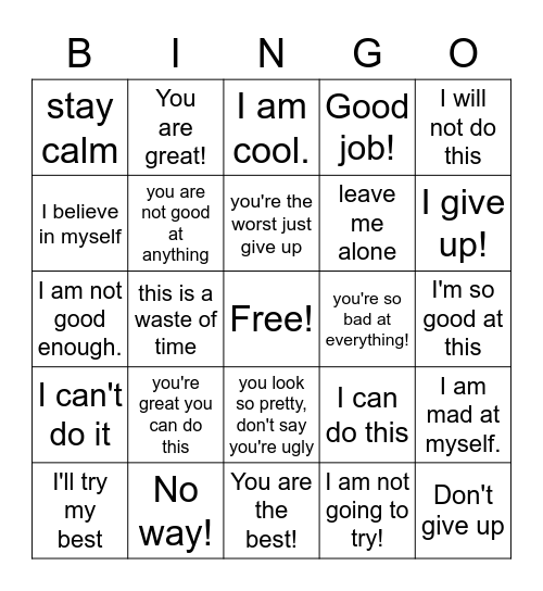 Self Talk Bingo Card