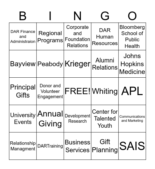 DAR Central Services Bingo Card