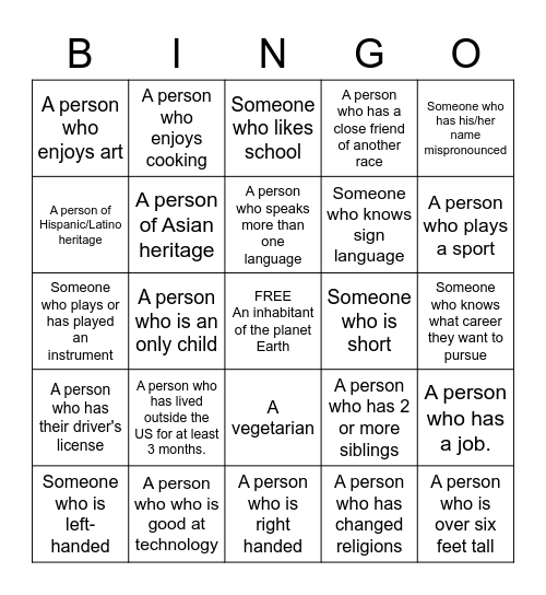 Diversity Bingo Card