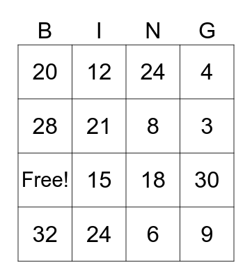 3s and 4s Multiplication Bingo Card