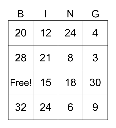 3s and 4s Multiplication Bingo Card