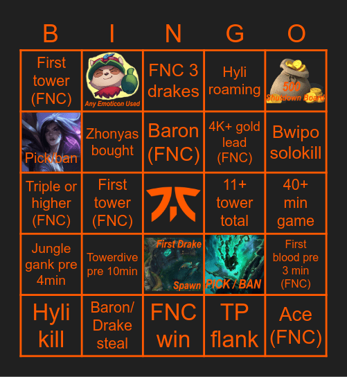 Fnatic VS Vitality Bingo Card