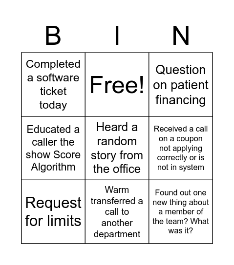 Field Support Fun Friday Bingo Card