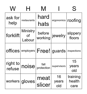 Safety/WHMIS Bingo Card