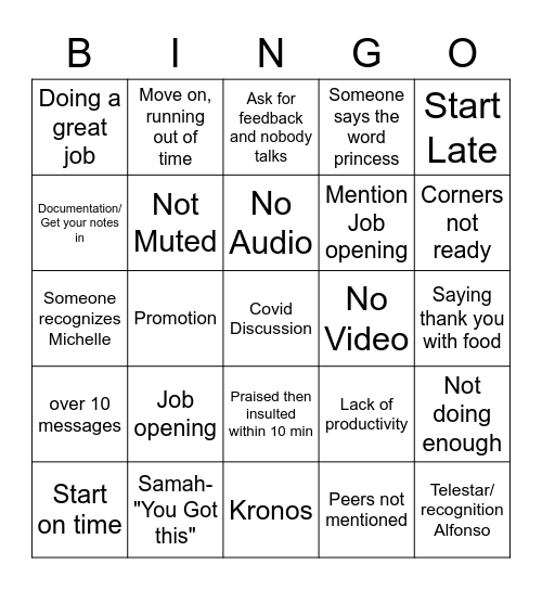 All Staff Bingo Card