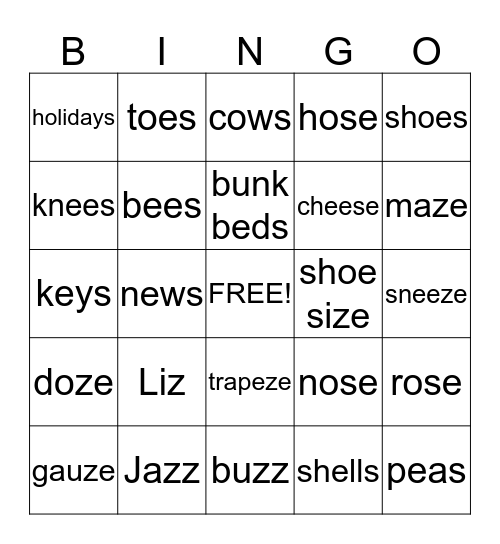 Final /z/ Bingo  Bingo Card