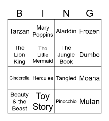 Disney- what Disney films are these songs in? Bingo Card