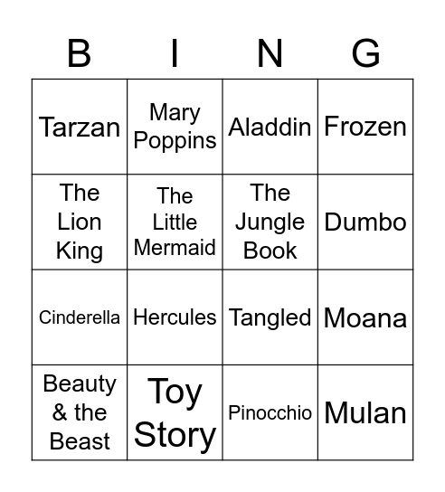 Disney- what Disney films are these songs in? Bingo Card