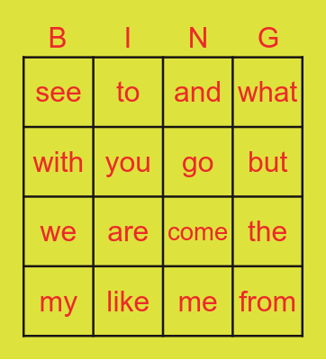 Sight Words Bingo Card