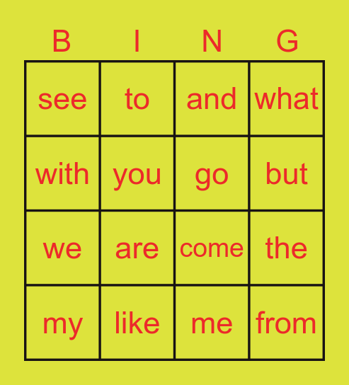 Sight Words Bingo Card