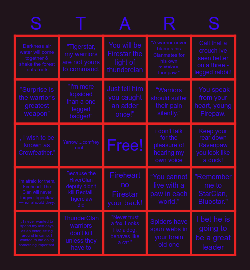 Warrior Cats Quotes Bingo Card